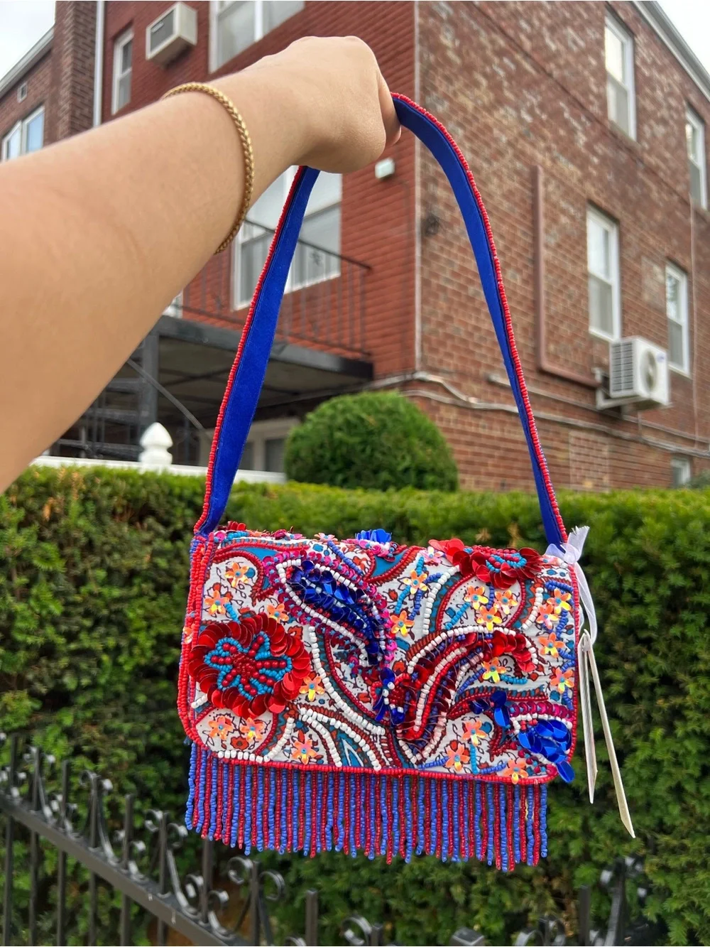 TJMAXX MARSHALLS Viral Paisley Floral Colorful Beaded Stripe Shoulder Bag Purse - Picture 4 of 16